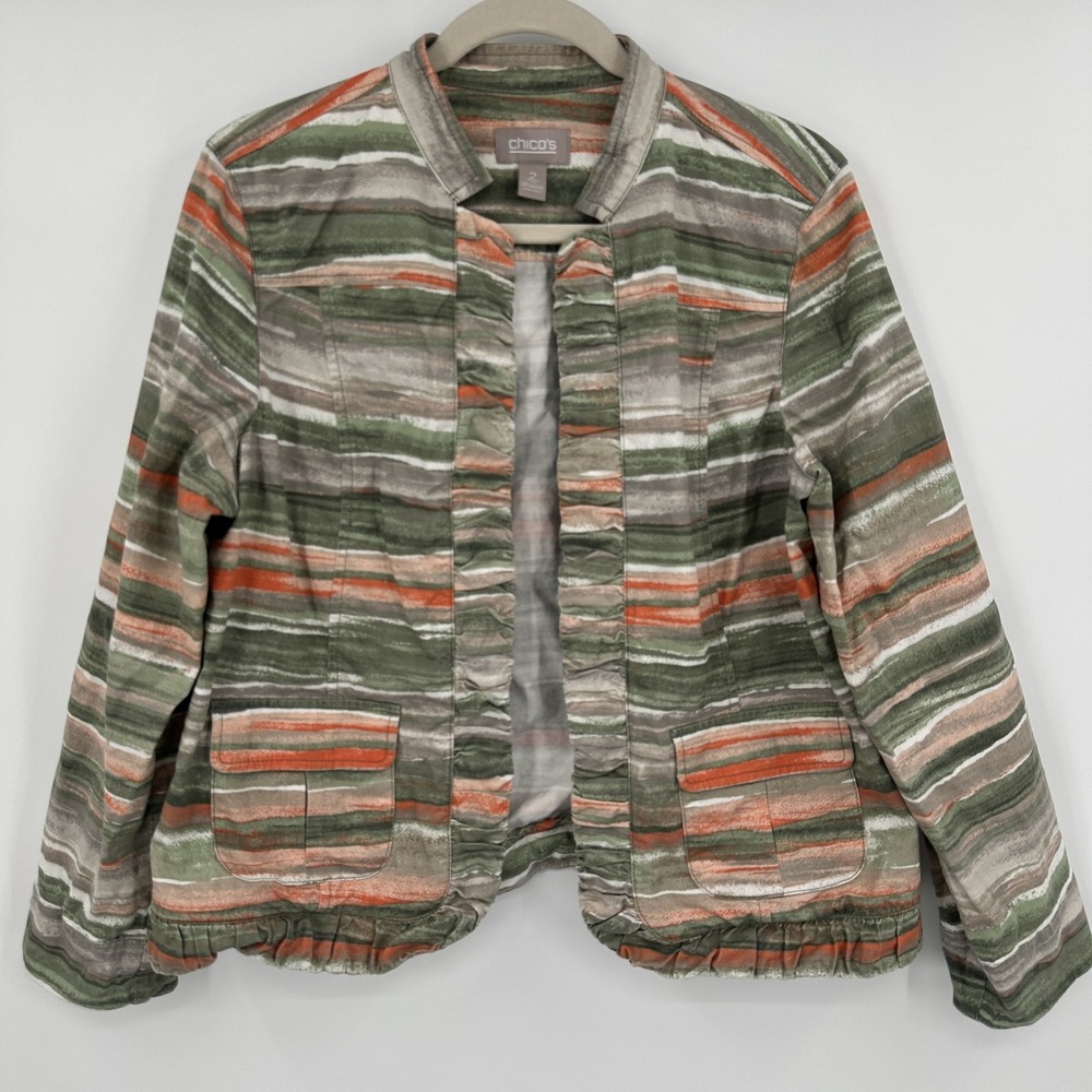 Chicos Jacket Womens 2 Green Orange Striped Open Front Pockets Casual Boho Style